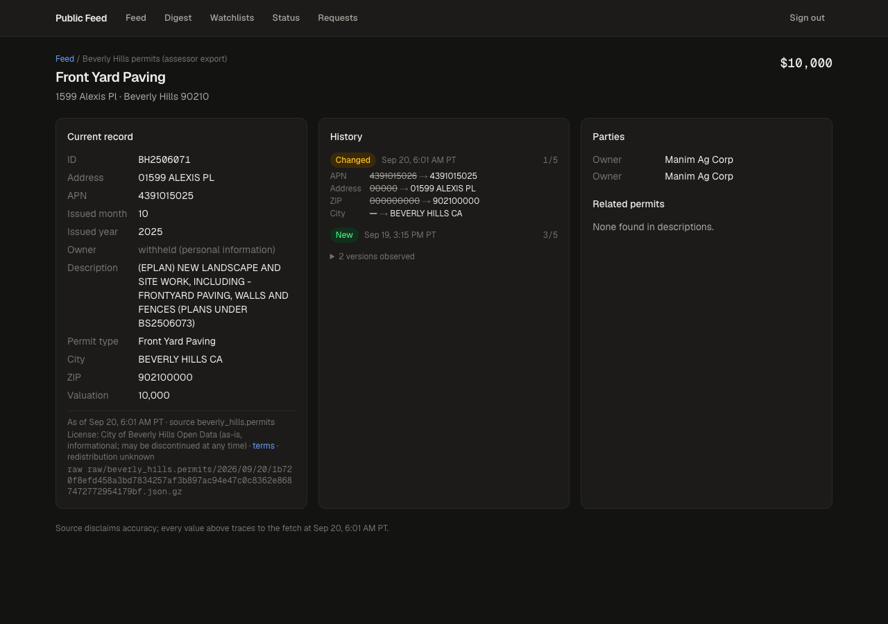 A single permit record page showing a before and after field diff and the source's provenance line